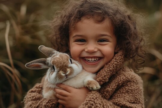 A joyful child smiles while holding a fluffy rabbit. The warm and cozy scene captures the innocence of childhood. This image showcases nature and pets in harmony. Generative AI