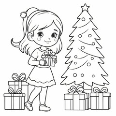 Outline Of girl with gifts and Christmas tree. Christmas. New year. Coloring book for kids