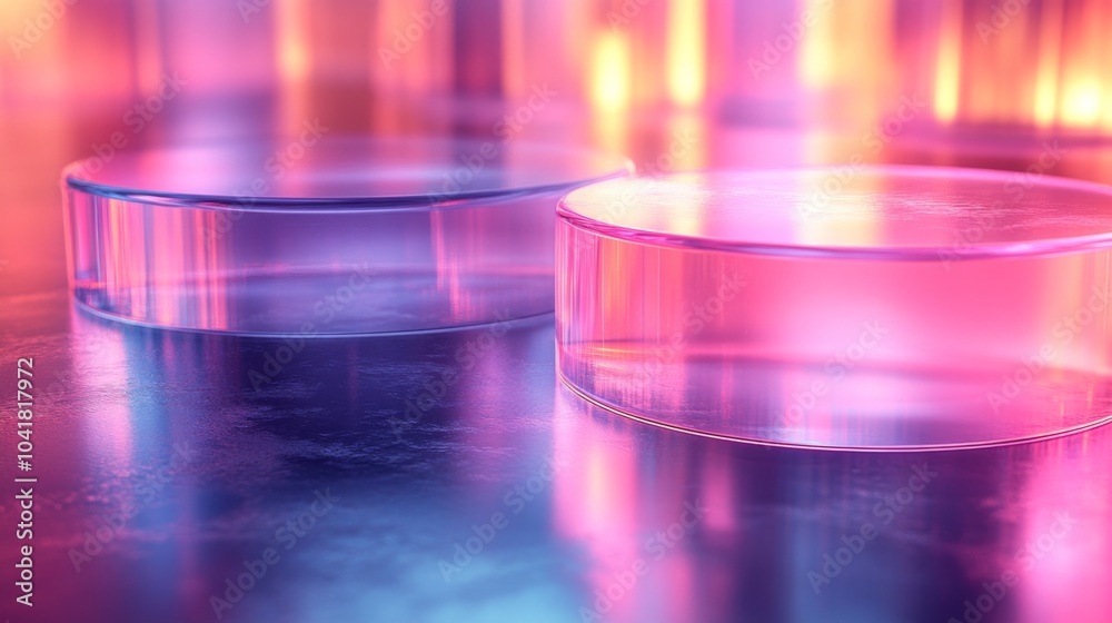 Aufkleber Translucent circular objects rest on a reflective surface, illuminated by vibrant purple and pink lighting, creating an artistic atmosphere at night.