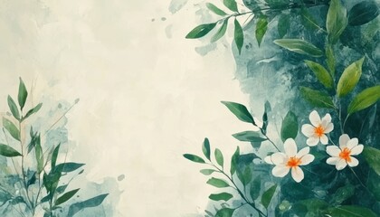 Beautiful watercolor floral design with leaves and white flowers on a soft background