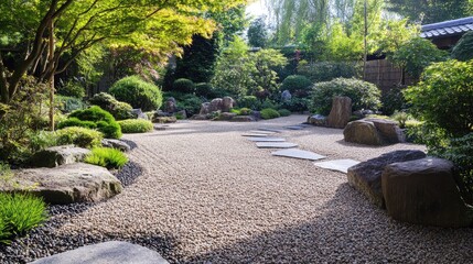 Fototapeta premium Smooth stones and neatly raked gravel in a Japanese Zen garden, representing calmness and mindfulness in a serene space