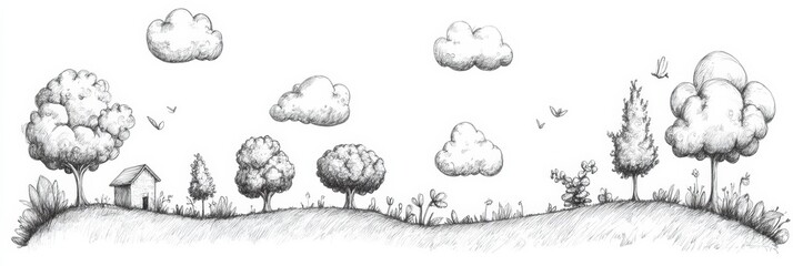 Fototapeta premium A delightful pencil sketch showcases simple doodles of clouds, trees, and a quaint house atop rolling hills, creating a peaceful ambiance. Generative AI