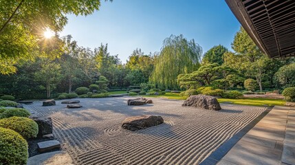 Obraz premium A peaceful Zen garden with neatly raked gravel and smooth stones, evoking a sense of tranquility and mindfulness