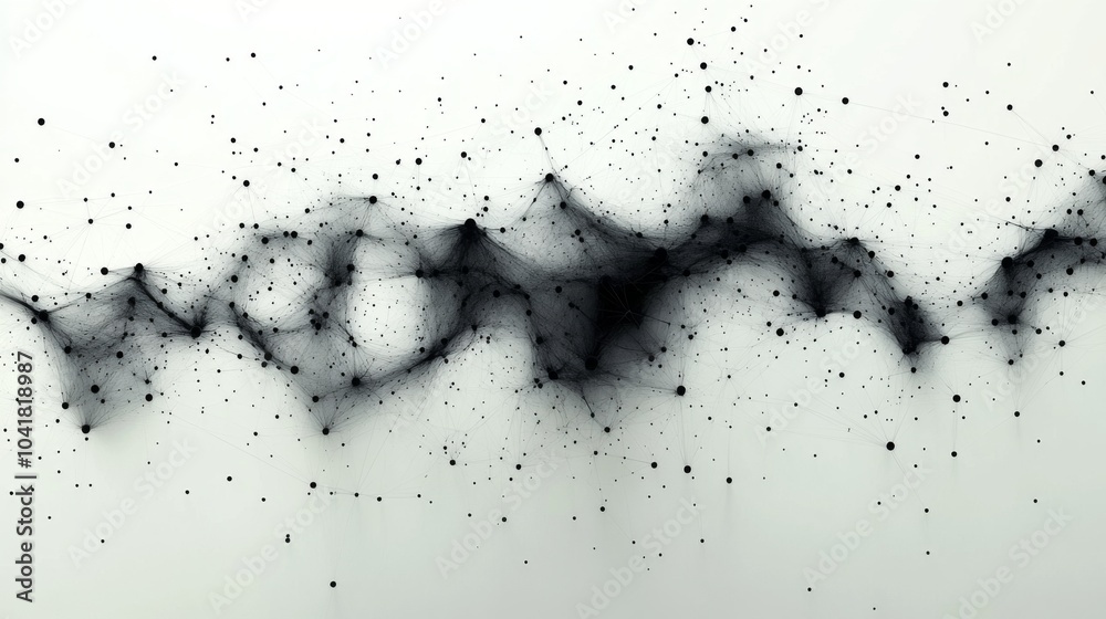 Poster An abstract composition features a series of black dots and interconnected lines that mimic sound waves, set against a minimalist white background, showcasing modern artistic expression.