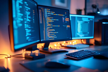 Programming workspace with multiple monitors displaying code in a dimly lit room, creating a focused and tech-driven atmosphere
