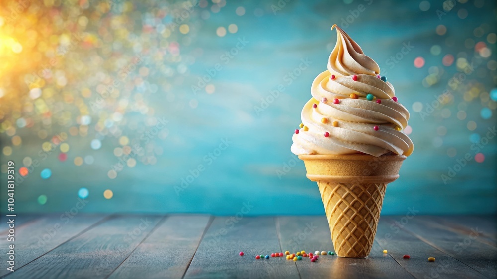 Poster a classic summer treat soft serve ice cream cone with sprinkles on a wooden surface, with a blurred 