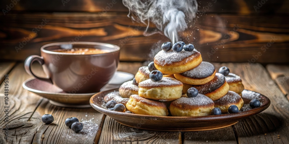 Poster a stack of golden brown pancakes drizzled with powdered sugar and topped with fresh blueberries, ser