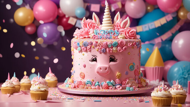 A pink unicorn cake with pig face details, surrounded by balloons, streamers, and cupcakes. - Powered by Adobe