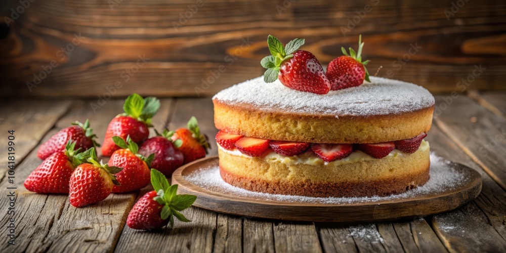 Poster a classic victoria sponge cake with a layer of fresh strawberries and a dusting of powdered sugar, p