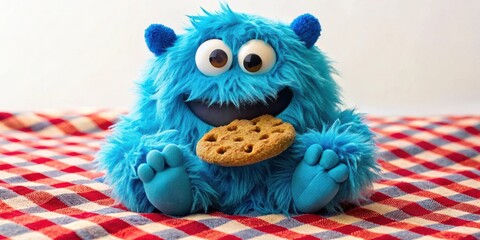 Obraz premium A fluffy blue monster with big eyes sits on a checkered blanket, happily munching on a cookie.