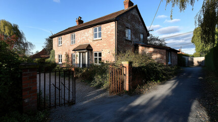 Crumbling brick house with overgrown garden and rusty gate, evoking nostalgia