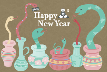 2025年　年賀状用はがきテンプレート　干支のヘビがたくさんの壺から出てくるポップなイラスト入り