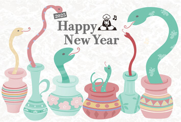 2025年　年賀状用はがきテンプレート　干支のヘビがたくさんの壺から出てくるポップなイラスト入り