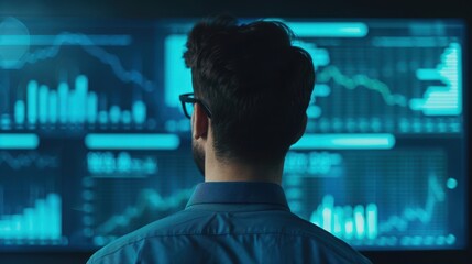 Man analyzing data on large screens with graphs and charts, focusing on financial trends and market insights in a modern office setting.