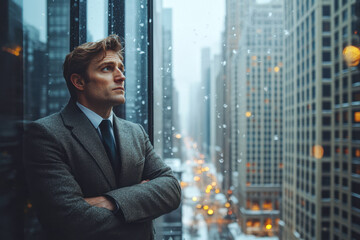 Fototapeta premium Young adult executive, looking out the window with concern about returning to work