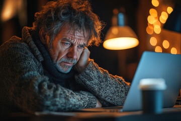 Fototapeta premium Portrait of adult man looking at laptop with worried expression, Blue Monday concept, stock market crash