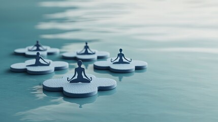 A serene image of miniature figures meditating on lotus-like platforms, reflecting tranquility on calm water.
