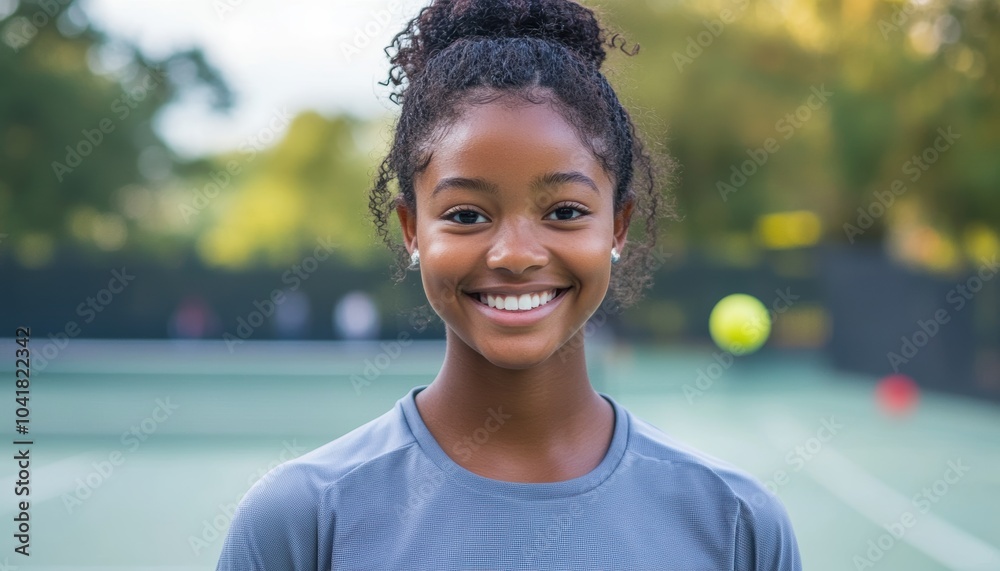 Wall mural young female tennis player smiles confidently on court during afternoon practice