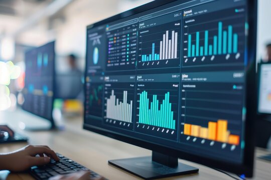 Modern computer screen displaying analytical data charts in a technological office environment with focus on business insights.
