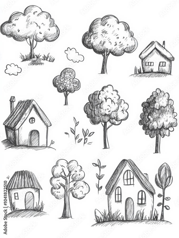 Poster Hand-drawn sketches showcase playful doodles of trees, houses, and clouds in a delightful and quick artistic style. Generative AI