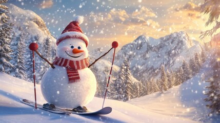 Obraz premium Cute snowman ski in snow field in mountain.