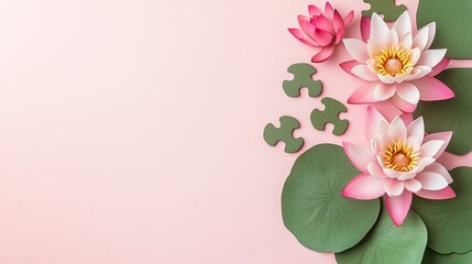 Fototapeta premium A serene arrangement of pink lotus flowers and leaves against a soft pink background, embodying tranquility and natural beauty.