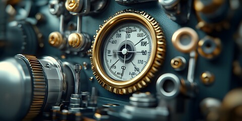 A detailed close-up of a vintage gauge with intricate mechanical components.