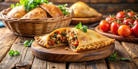 A freshly baked empanada filled with savory vegetables,  perfectly golden brown and ready to be enjoyed on a rustic wooden table.