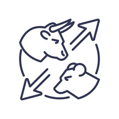 Bull and bear icons with arrows symbolize market sentiment shifts.