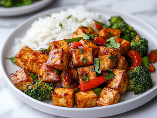 Fototapeta premium delicious tofu stir fry featuring vibrant vegetables, served on clean white plate with fluffy rice. colorful dish is garnished with fresh herbs, creating appetizing presentation