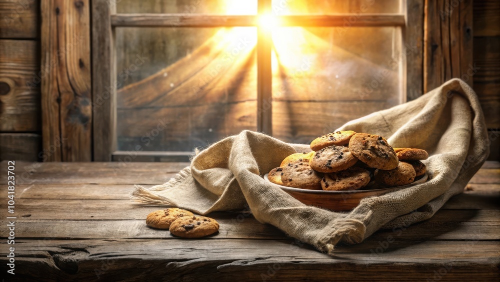 Poster A Rustic Table Setting with a Bowl of Cookies, a Burlap Cloth, and Sunlight Streaming through a Window