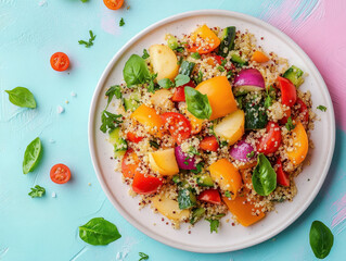 vibrant quinoa salad featuring colorful vegetables like bell peppers, tomatoes, and fresh basil, served on clean white plate. This dish is perfect for healthy meal