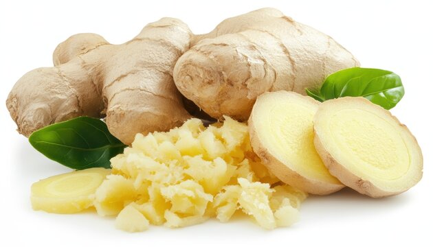 Fresh ginger root with sliced and grated pieces on a white background