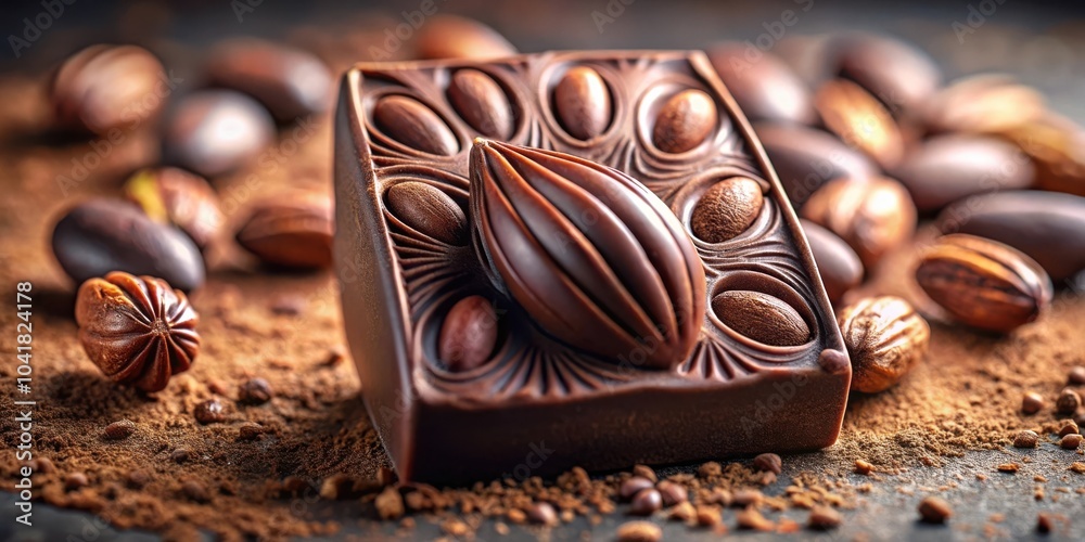 Poster a decadent dark chocolate bar with an intricate design, adorned with roasted cacao beans, resting on