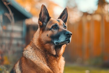 Fototapeta premium A majestic German Shepherd sits proudly in a serene outdoor setting. The warm colors highlight its noble features. A perfect image for pet lovers and dog enthusiasts. Generative AI