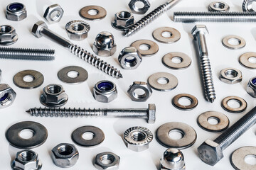 Stainless steel hardware, composition on white background