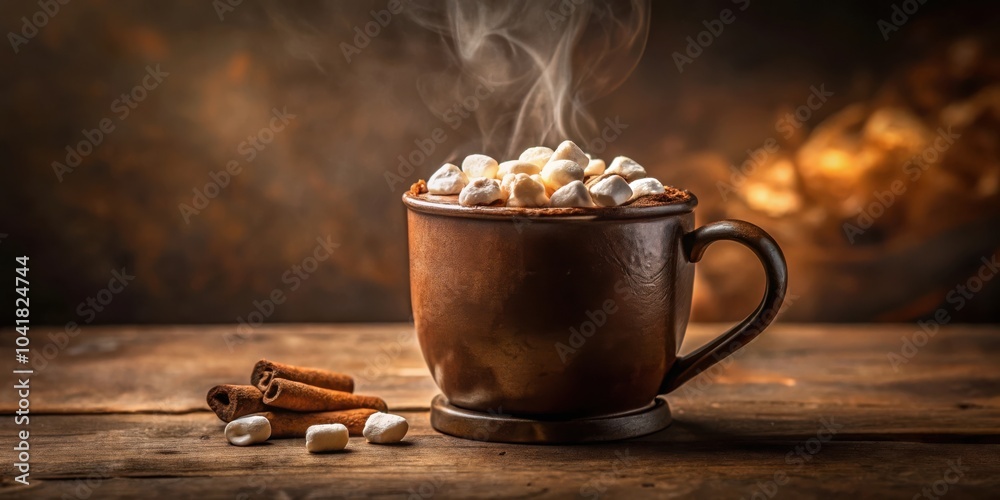 Poster a steaming cup of hot chocolate topped with marshmallows and cinnamon sticks on a rustic wooden tabl