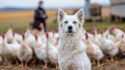 A herding dog stands confidently in front of a flock of geese on a farm.