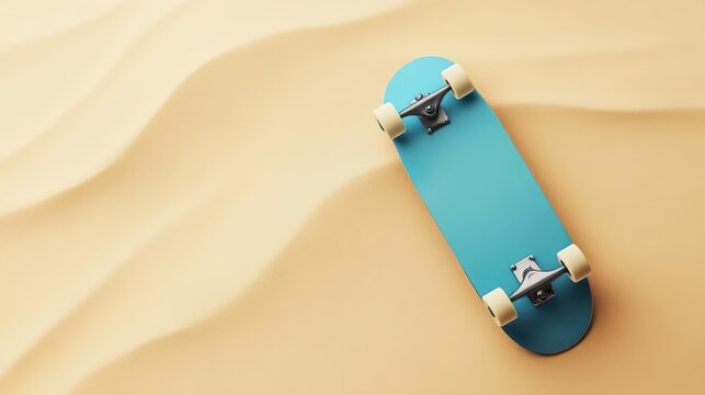 A blue skateboard on a sandy beige background