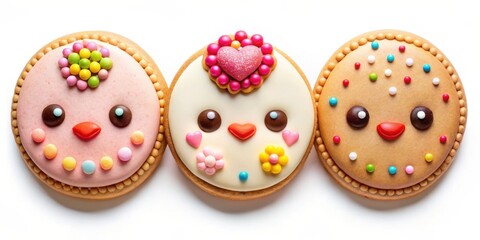 A trio of decorated cookies featuring smiling faces and colorful sprinkles, a delightful confection for any occasion.