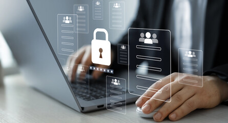 Protecting herself from cyber attacks. Documents confidentiality,cyber security protection concept....