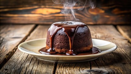A warm, gooey chocolate cake with a dusting of powdered sugar, resting on a white plate and a rustic wooden table, steaming with the warmth of its deliciousness.