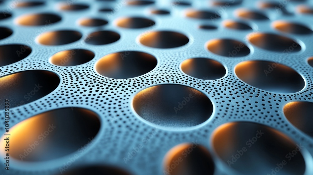 Poster A textured surface displays an intricate pattern of circular depressions, enhanced by glowing blue and orange lighting, creating a captivating visual effect.