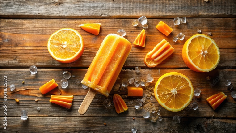 Poster a refreshing orange popsicle with juicy fruit slices and ice on a rustic wooden surface