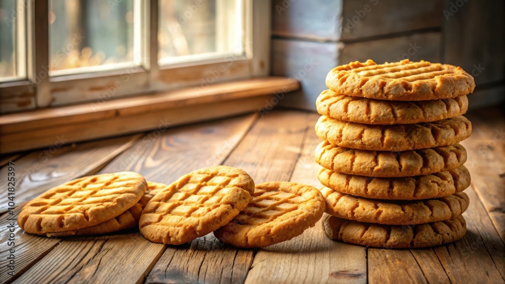 Poster A stack of peanut butter cookies resting on a rustic wooden table in front of a window
