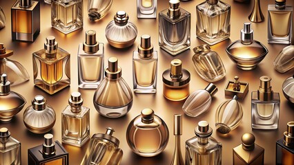 Dark Outline Pattern of Perfume Bottles on Beige Background for Fashion and Cosmetic Design Projects