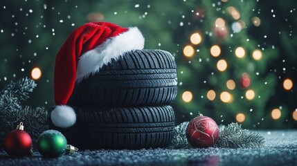 Tires in snow with Santa hat and Christmas ornaments.