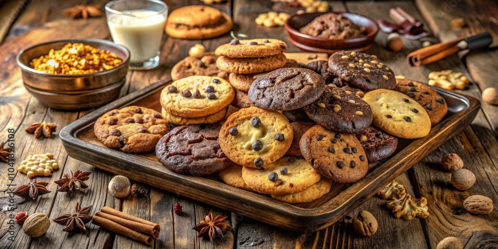 Poster a rustic wooden tray filled with an assortment of freshly baked chocolate chip cookies, arranged in 