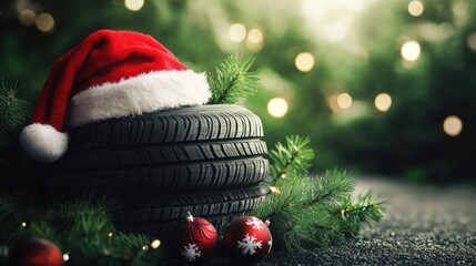 Tire and Santa hat in enchanting Christmas setting