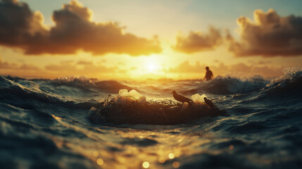 Obraz premium Ocean pollution highlighting wildlife struggle at sunset